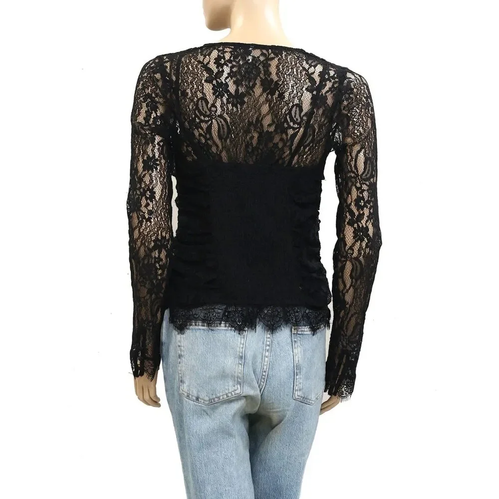 Free People Paloma Lace Blouse Top Long Sleeve Ruched Sheer Black S NEW 282135